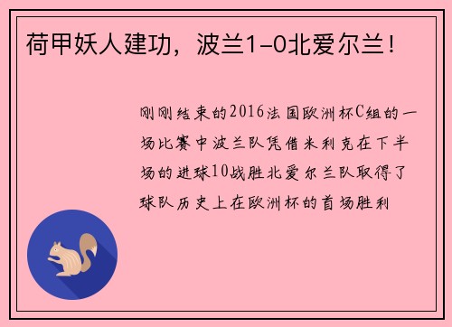 荷甲妖人建功，波兰1-0北爱尔兰！