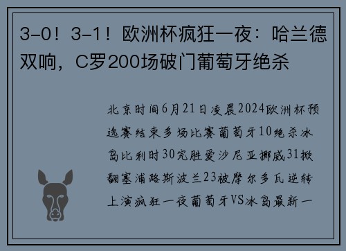 3-0！3-1！欧洲杯疯狂一夜：哈兰德双响，C罗200场破门葡萄牙绝杀