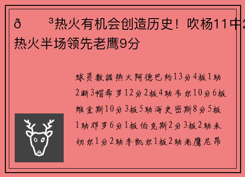 😳热火有机会创造历史！吹杨11中2 热火半场领先老鹰9分